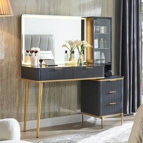 SEM21 - Set masă toaletă 122 cm pentru machiaj cu oglindă LED, Prize si USB – Design modern și funcțional - Alb, Antracit sau Culoarea Stejar