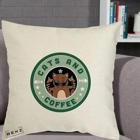 Perna Personalizata Cats and Coffee Starbucks, 40x40 cm, Ecru, Husa Detasabila, Perna Inclusa, BEKZ®
