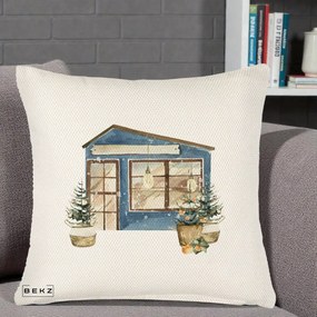 Perna Decorativa Casa de Iarna Watercolor, 40x40 cm, Crem Reliefat, Husa Detasabila, Perna Inclusa, BEKZ®