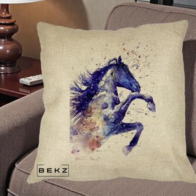 Perna Decorativa Cal Albastru Acuarela, 40x40 cm, Crem, Husa Detasabila, Perna Inclusa, BEKZ®