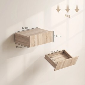 HOMCOM Set de 2 Noptiere Suspendate cu Sertar, Pereche de Noptiere Moderne din Lemn, Mese Laterale pentru Canapea, Living și Dormitor, 40x30x15 cm, Stejar | Aosom Romania