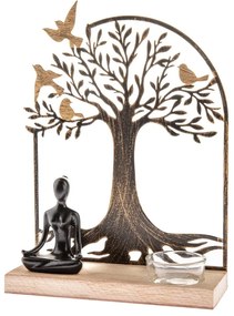 Sfeșnic metalic pentru lumânări cu bazădin lemn Buddha, 17 x 23,5 x 6 cm