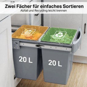HOMCOM Coș de gunoi retractabil sub chiuvetă, 2 găleți de 20L, Gri | Aosom Romania