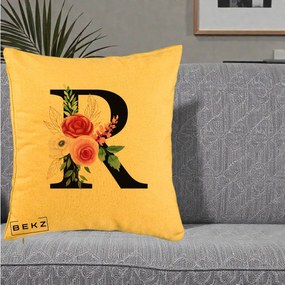 Cadou Personalizat - Perna Personalizata Monograma Florala Litera R, 40x40 cm, Galben, Husa Detasabila, Perna Inclusa, BEKZ®