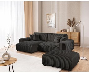 Colțar gri închis extensibil, cu spațiu de depozitare, cu tapițerie din catifea reiată (cu colț pe partea stângă) Sarina – Ropez