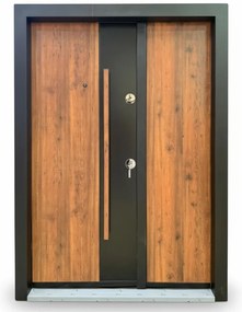 Usa metalica dubla de exterior cu izolatie si vizor Novo Doors NDA4D, Din compozit, 2 yale, Kit complet, Pentru case, Negru perlat cu Stejar auriu
