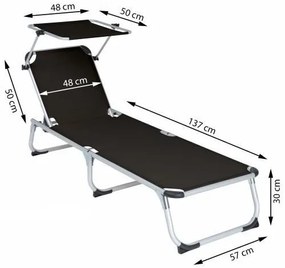 Șezlong pliabil DIVERO cu umbrar, negru, 187 x 57 cm