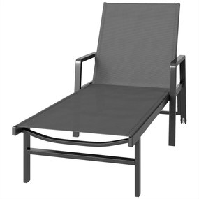 Outsunny Șezlong de grădină din textilenă și aluminiu, reglabil în 4 poziții cu roți și brațere, 65x189x80cm, Gri închis | Aosom Romania