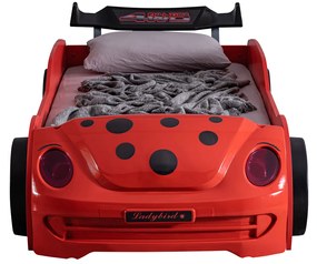 Pat pentru copii masina VOSVOS ECO, cu faruri, lumini led, rosu, 90x190 cm