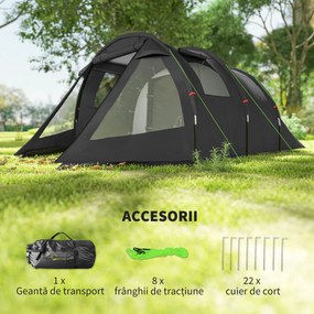 Outsunny Cort Tunel pentru 3-4 Persoane, Cort de Camping cu Doua Camere, cu Ferestre si Obloane, Geanta de Transport Portabila, pentru Pescuit, Drumetii, Sport, Festival, Negru | Aosom Romania