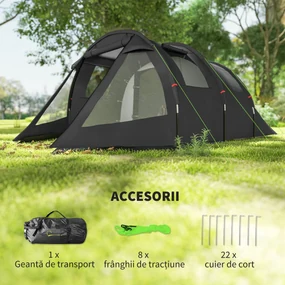 Outsunny Cort Tunel pentru 3-4 Persoane, Cort de Camping cu Doua Camere, cu Ferestre si Obloane, Geanta de Transport Portabila, pentru Pescuit, Drumetii, Sport, Festival, Negru | Aosom Romania