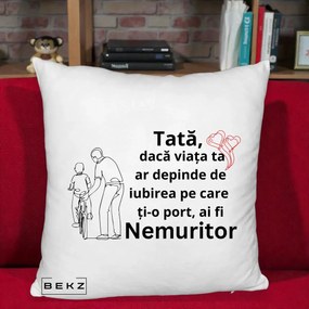Cadou pentru Tata - Perna Personalizata Tata Nemuritor Bicicleta, 40x40 cm, Alb Pufos, Husa Detasabila, Perna Inclusa, BEKZ®
