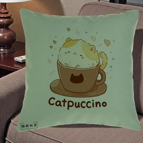 Perna Decorativa Catpuccino Pisica Cappuccino, 40x40 cm, Verde, Husa Detasabila, Perna Inclusa, BEKZ®