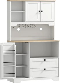 HOMCOM Bufet de Bucătărie Înalt 162 cm, Mobilier de Depozitare cu 2 Dulapuri, 2 Sertare, Suport Condimente, Orificii pentru Cabluri, Rafturi Reglabile, Blat pentru Cuptor cu Microunde, Suporturi pentru Cești, Alb | Aosom Romania