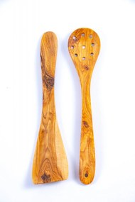 Set Corsica spatula si lingura  cu gauri din lemn maslin 30   35 cm