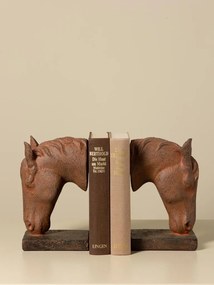 Set 2 suporturi pentru cărți din rășină, maro ruginiu, model cap de cal pe bază dreptunghiulară, finisaj patinat, 20,5 x 25,5 x 8,5 cm, „Cheval”