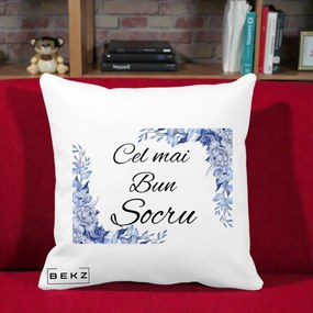 Cadou pentru Socru - Perna Personalizata Cel mai Bun Socru cu Flori Albastre Acuarela, 40x40 cm, Alba Mata, Husa Detasabila, Perna Inclusa, BEKZ®
