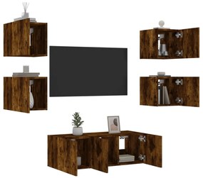 Unitati de perete TV cu LED-uri, 6 piese, stejar fumuriu, lemn
