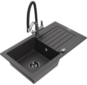 Mexen Pablo chiuvetă de granit cu un compartiment, cu picurător și baterie de bucătărie Duo, Negru cu picățele - 6510-76-671701-