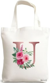 Sacosa de Panza pentru Cumparaturi, Geanta Tote, Cu litera U Rose Gold si Trandafiri, 38x34.5 cm, Alba, BEKZ®