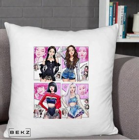 Perna Personalizata K-pop BLACKPINK Fanart Manga Benzi Desenate 4 Membre, 40x40 cm, Alb Pufos, Husa Detasabila, Perna Inclusa, BEKZ®