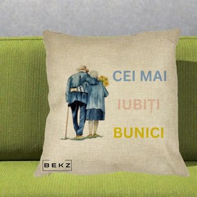Cadou pentru Bunici - Perna Personalizata Cei Mai Iubiti Bunici Acuarela Spate, 40x40 cm, Crem, Husa Detasabila, Perna Inclusa, BEKZ®
