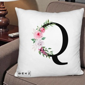 Cadou Personalizat - Perna Personalizata Monograma Florala Litera Q, 40x40 cm, Alb Pufos, Husa Detasabila, Perna Inclusa, BEKZ®