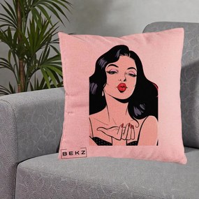 Perna Decorativa Femeie Pop-Art Kiss, 40x40 cm, Roz, Husa Detasabila, Perna Inclusa, BEKZ®
