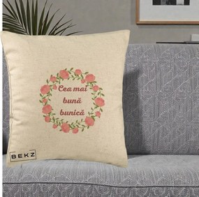 Cadou pentru Bunica - Perna Personalizata Cea Mai Buna Bunica Coronita Trandafiri Roz Clasic, 40x40 cm, Bej, Husa Detasabila, Perna Inclusa, BEKZ®