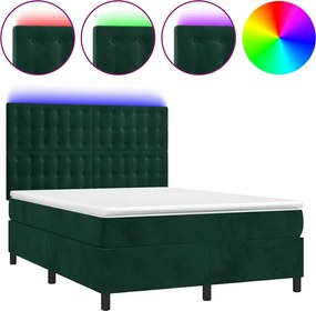 vidaXL Pat cu arcuri, saltea și LED, verde închis, 140x190 cm, catifea