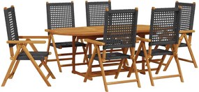 vidaXL Set masă pentru grădină, 7 piese, negru, poliratan/lemn masiv