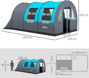 Outsunny Cort de Camping Impermeabil, Cort cu 5 Locuri, Zonă Separată de Dormit și Living, 480x260x200 cm, Gri și Albastru | Aosom Romania