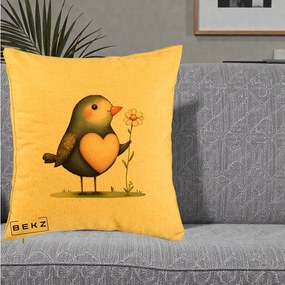 Perna Decorativa Pasare cu Inima si Margareta, 40x40 cm, Galben, Husa Detasabila, Perna Inclusa, BEKZ®