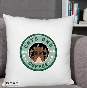 Perna Personalizata Cats and Coffee Starbucks, 40x40 cm, Alb Pufos, Husa Detasabila, Perna Inclusa, BEKZ®