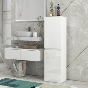 kleankin Dulap Înalt pentru Baie, Dulap cu Finisaj Lucios, Rafturi Reglabile, 2 Dulapuri, Organizator Baie, 35 x 25 x 120 cm, Alb Lăcuit | Aosom Romania