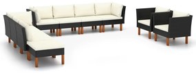 Set mobilier gradina 10 piese negru poliratan  lemn eucalipt Negru, 3x canapea de colt + 4x canapea de mijloc + 2x fotoliu + suport pentru picioare, 1