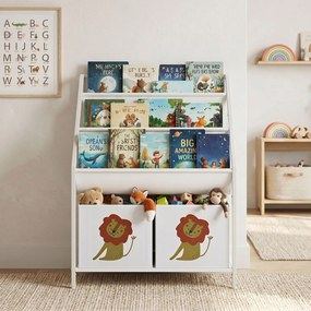 AIYAPLAY Bibliotecă Montessori pentru Copii 3-8 Ani cu 4 Rafturi și 2 Cutii cu Imprimeu Leu, Alb | Aosom Romania