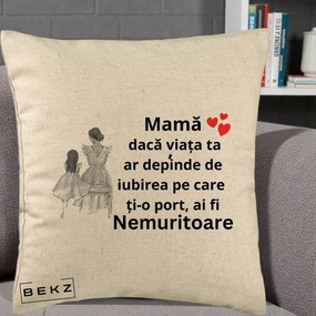 Cadou pentru Mama - Perna Personalizata Mama Nemuritoare Line Art, 40x40 cm, Bej, Husa Detasabila, Perna Inclusa, BEKZ®