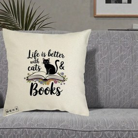 Perna Personalizata Life is Better Cats and Books, 40x40 cm, Ecru, Husa Detasabila, Perna Inclusa, BEKZ®