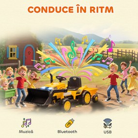 AIYAPLAY Excavator Electric pentru Copii 12V cu Cupă și Remorcă Detașabilă, Tractor Electric de Călărit cu 2 Motoare, Telecomandă, Conexiune Wireless, USB, Lumini și Muzică, 3-8 Ani, Galben | Aosom Romania