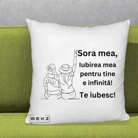 Cadou pentru Sora - Perna Personalizata Sora Mea Te Iubesc Line Art Portrete Colorate, 40x40 cm, Alb Pufos, Husa Detasabila, Perna Inclusa, BEKZ®