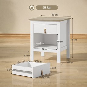 HOMCOM Set 2 Noptiere cu Sertar și Raft Deschis din Lemn Alb și Stejar | Aosom Romania