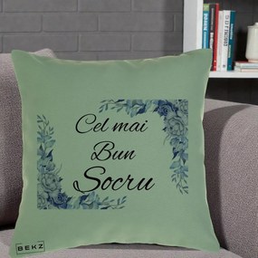 Cadou pentru Socru - Perna Personalizata Cel mai Bun Socru cu Flori Albastre Acuarela, 40x40 cm, Verde, Husa Detasabila, Perna Inclusa, BEKZ®
