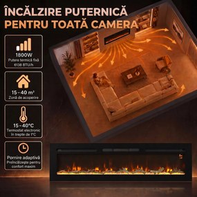 HOMCOM Șemineu electric de 170 cm, încastrabil sau de perete, 1500 W, timer 24 ore, flacără reglabilă, cristale | Aosom Romania