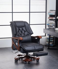 Regal Confort – Scaun directorial din Piele Naturală si Lemn Masiv, Masaj in 7 puncte, Funcție Încălzire, Înclinare 135°, Suport Picioare Extensibil, Sezut cu Arcuri, Telecomandă, Negru