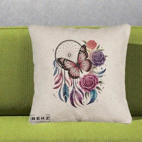 Perna Personalizata Prinzator de Vise cu Fluture si Trandafiri, 40x40 cm, Bej Canapea, Husa Detasabila, Perna Inclusa, BEKZ®