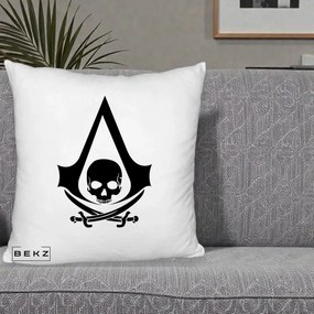 Perna Personalizata Assassin's Creed Black Flag Skull, 40x40 cm, Alb Pufos, Husa Detasabila, Perna Inclusa, BEKZ®