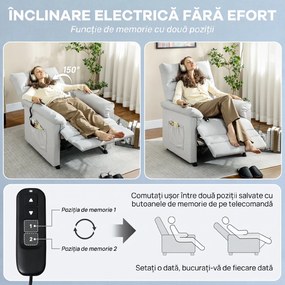 HOMCOM Fotoliu Relaxant Electric cu Masaj și Încălzire și Suport pentru Picioare, Silențios, Fotoliu Reclinabil 150° în Catifea Prietenoasă cu Animalele cu Funcție de Memorare, 2 Telecomenzi pentru Sufragerie, Gri Deschis | Aosom Romania