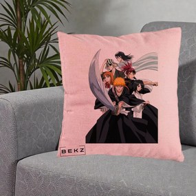 Perna Personalizata Bleach Grup Complet Ichigo si Prietenii, 40x40 cm, Roz, Husa Detasabila, Perna Inclusa, BEKZ®