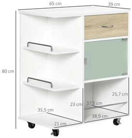 HOMCOM Carucior de bucătărie insulă centrală de bucătărie cu roți pivotante 360° rafturi cu bariere 65 x 39 x 80 cm alb | Aosom Romania